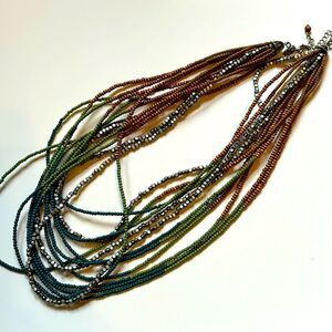 Multi Strand Seed Beaded Necklace in Greens and Browns 21-24”